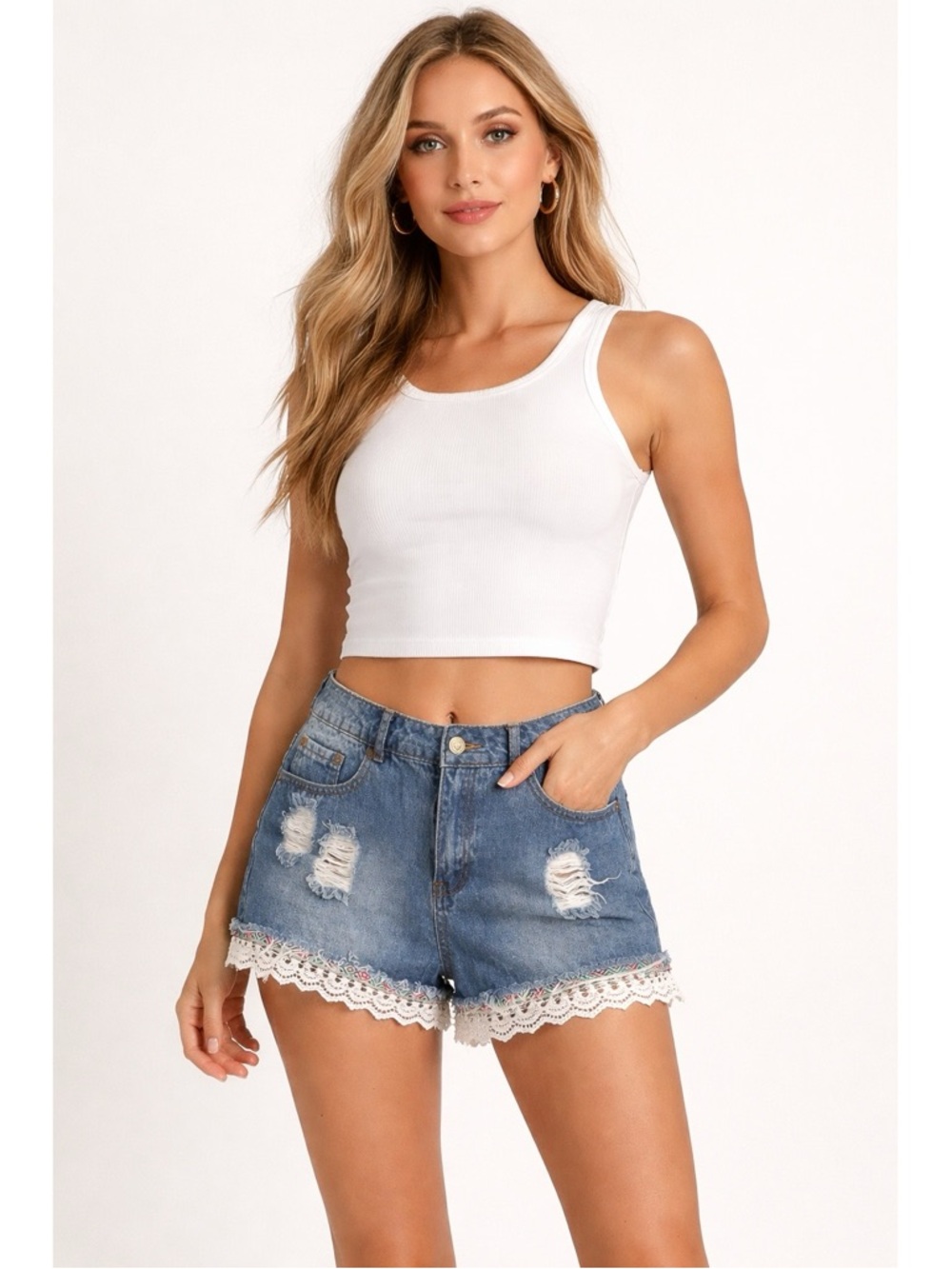 Brave Soul London Distressed Cut- Off Blue Denim Shorts Trimmed Edges Size 6